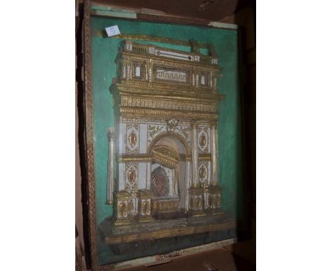 a 19th century glazed case housing a 3D model of a continental cathedral altar