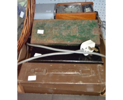 A box containing an ammo box, three other tins and a bedside clock