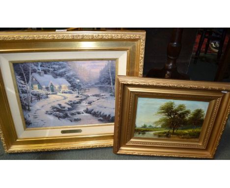 Thomas Kinkade Ltd Edn canvas print 'Evening Glow' in gallery frame together with a Victorian Oil on canvas of a fishing scen