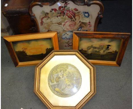 A 19th century glazed and framed floral tapestry originally a fire-screen plus two modern reverse glass prize sheep, with a A