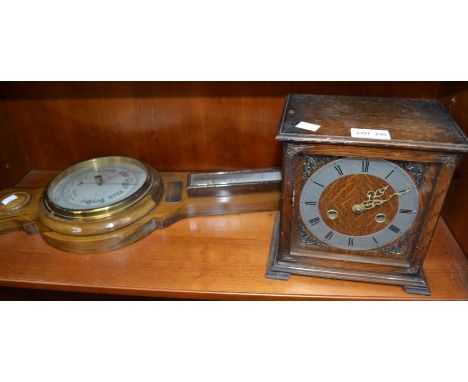 Oak mantel clock and a vintage barometer/thermometer with presentation plaque