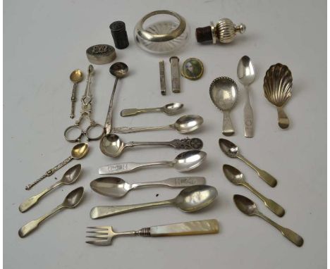 A silver Caddy spoons with various other items