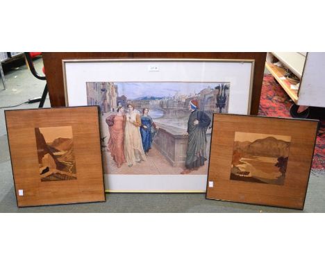 Two wooden inlaid pictures with another large print