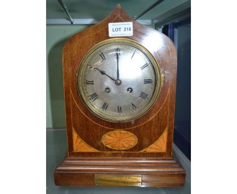 Edwardian inlaid mahogany mantel clock with presentation plaque and bell strike