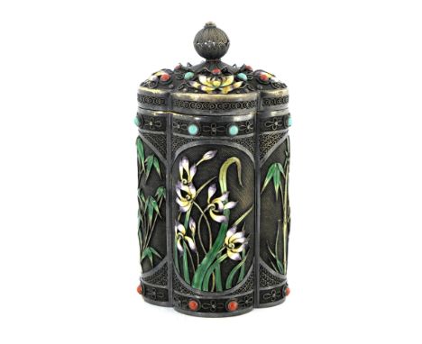 A Japanese silver filigree, jewelled and enamelled tea caddy, Austrian import marks, Meiji, quatrelobed and decorated with al