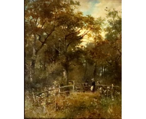 David Bates (British, 1849-1921), a wooded landscape with two figures conversing beside a gate, signed and dated 188(2?), l.l