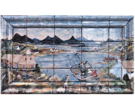 A Cobridge stoneware tile panel, painted with an extensive Highland fishing village scene with fishing boat and cottages, mou
