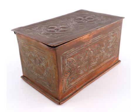 A Keswick W.H. Masson Arts &amp; Crafts copper table casket, repousse Celtic design cover and frieze, struck marks, width 13c