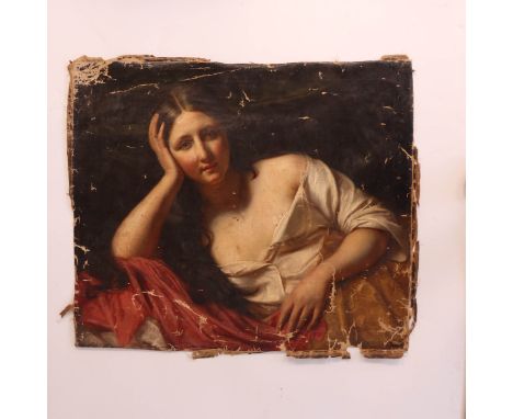 British School, mid 19th Century, portrait of a young lady, half length reclining wearing a white undershirt, oil on canvas, 