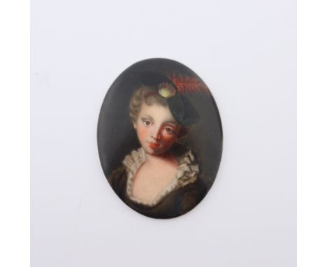 An Italian oval portrait miniature on porcelain, Pellegrina, (Pilgrim woman), titled, indistinctly signed Paolo Gxxxxxxxxx an