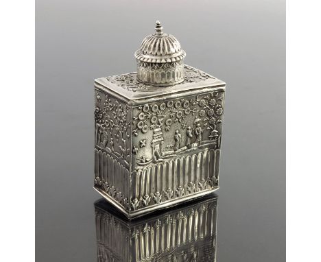 An early 18th century Dutch Chinoiserie silver tea caddy, circa 1720, cuboid form, embossed and chased with figures in Chines