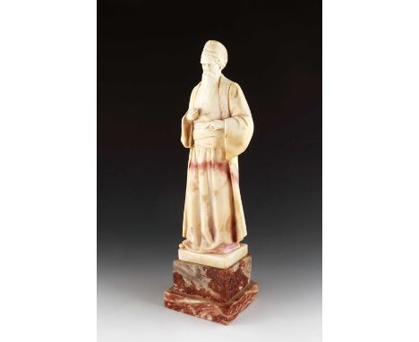 Sarah Bernhardt, Figure of Shylock, carved alabaster, on red marble plinth base, signed and monogrammed, 42.5cm high         