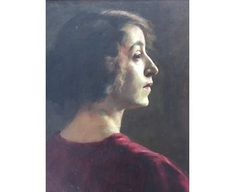 British School, early 20th Century, portrait of a young woman in profile, head and shoulders, in a crimson dress, oil on canv