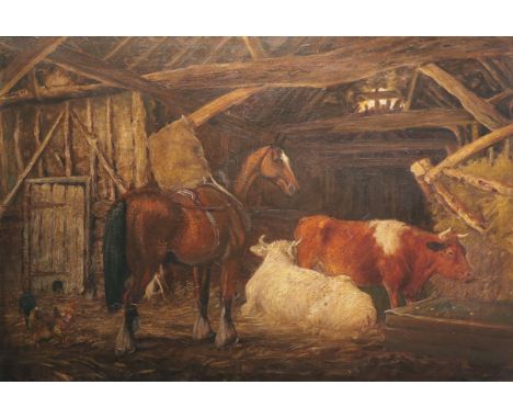 K. Hughes (19th century), Inside the Old Barn, signed l.l, oil on canvas, 45cm x 67cm, gilt framed