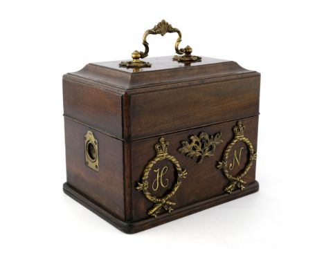 A George III mahogany decanter box of Nelson interest, circa 1780, caddy top with gilt metal swing handle, escutcheon and twi