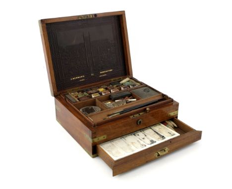 A 19th Century James Newman's of Soho Square mahogany artist's box, brass bound, fitted interior with brush well, lift-out pa