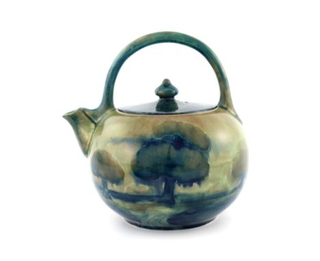 William Moorcroft, a Hazledene teapot, circa 1910,  loop handled globular form, tubelined and painted decoration to a green g