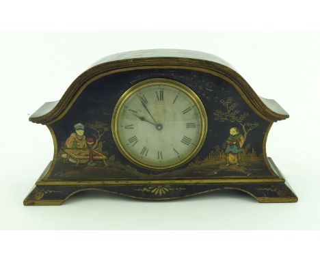 A black lacquer mantel clock, circa 1920s, chinoiserie decorated with figures and pagodas in landscapes, 9cm silvered dial wi