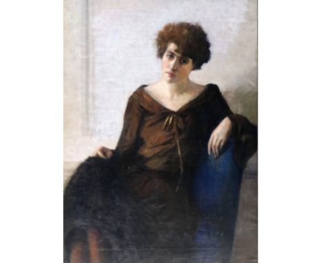 Ahmed Sabry (Egyptian, 1889-1955), portrait of a young woman, seated, three quarter length, in a brown dress, signed and date