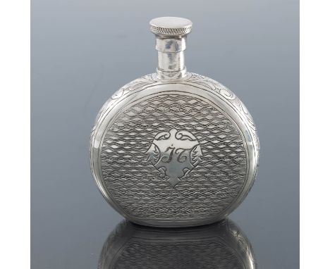 An Imperial Russian silver flask, HA, Moscow 1862, circular, etched with wake decoration, cartouches and bands of foliate scr