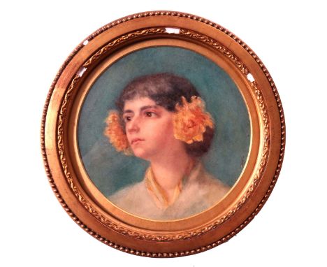 British School, circa 1920, portrait of a young lady, bust length wearing a floral headdress, circular, watercolour, diameter