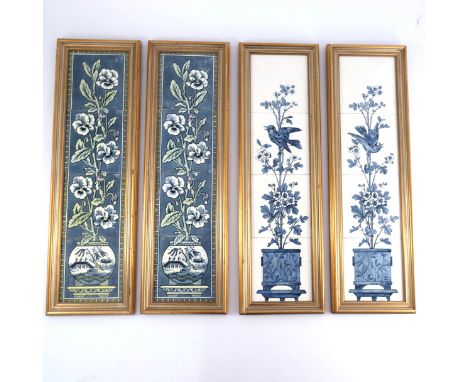 Two pairs of Minton Hollins Aesthetic Movement glazed tile panels, late 19th Century, one pair depicting flowers in a Willow 