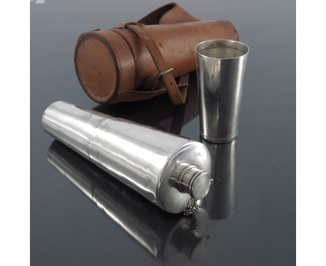 A Victorian silver hunting flask in leather case, Thomas Johnson, London 1856, conical form with removable beaker, screw cap,