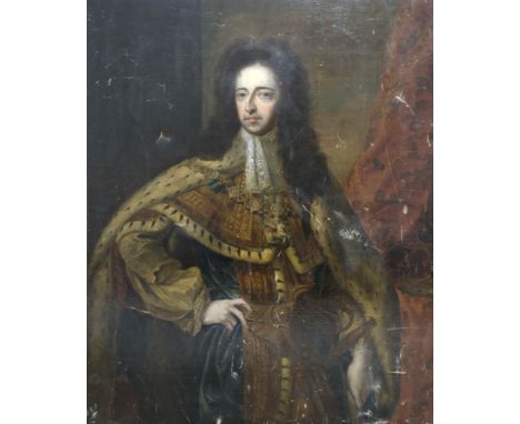 Circle of Sir Godfrey Kneller, portrait of King William III, three quarter length standing in Coronation robes, oil on canvas