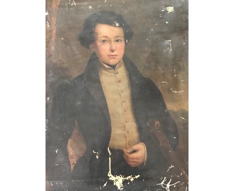 British School, circa 1820, portrait of a young sportsman, half length in a dark coat and grey waistcoat holding a gun, oil o