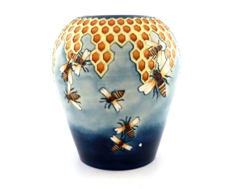 William John Moorcroft, a large Bee and Honeycomb vase, circa 1980, shouldered ovoid form, light blue ground, impressed marks