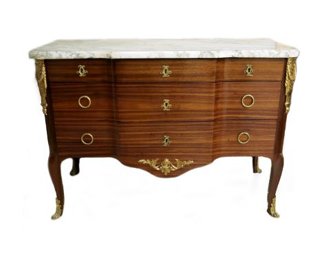 A late Louis XV ormolu-mounted mahogany breakfront commode a la Greque by Jean Francois-Oeben (German, 1721-1763), third quar