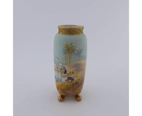 George Johnson for Royal Worcester, a sleeve vase, circa 1919, gilt reticulated opening, painted with storks watering in a de