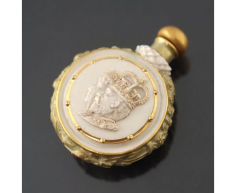 A very rare Royal Worcester blush ivory scent bottle commemorating the coronation of George V, circa 1910, gilt stopper, moul