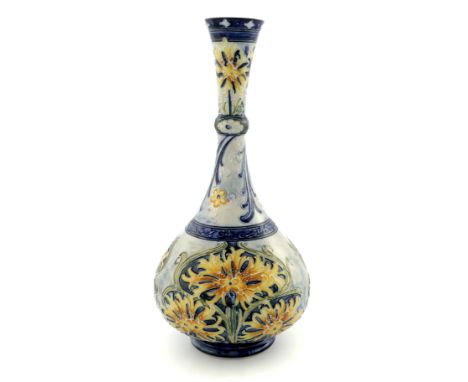 William Moorcroft for James Macintyre, a Florian Ware cornflower vase, circa 1905, bottle form with knopped flared neck, yell