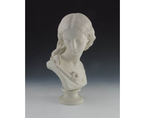 M Noble for Copeland, a Parian ware bust of Purity, circa 1869,  impressed marks Ceramic and Crystal Palace Art Union, socle,