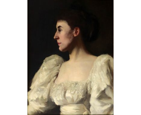 Emma Belloc (British, late 19th/early 20th Century), portrait of Lady Carlile, half length in profile, in a white dress, oil 