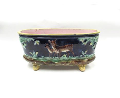 A Majolica footed plant trough with deer in naturalistic setting, 44.5cm wide
