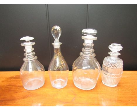 Two similar Georgian ring neck decanters, Rum decanter and lidded container (4) 