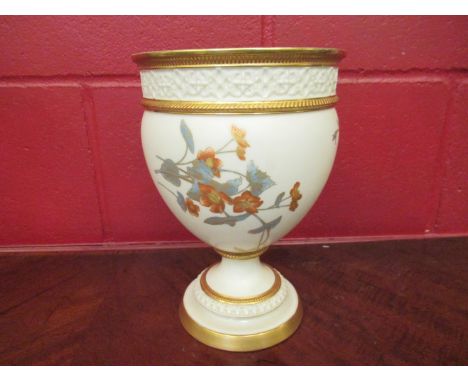 A Royal Worcester brushed ivory goblet shaped vase (possible the base to an oil lamp), painted in colours and gilt with botan