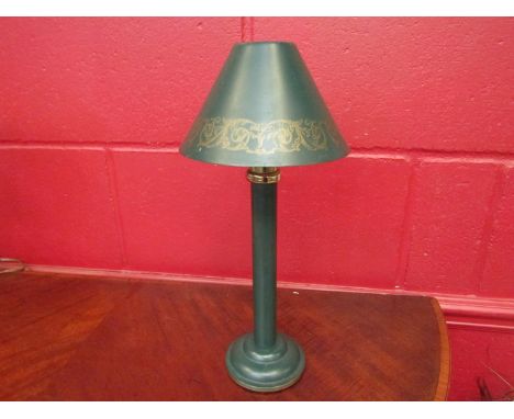 A dark green metal tea light holder in the form of a table lamp, 33cm tall