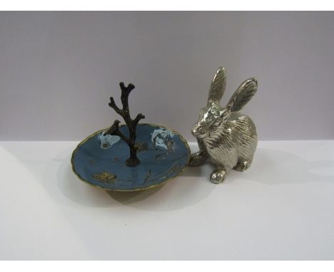 A rabbit figure and an enamelled ring dish  