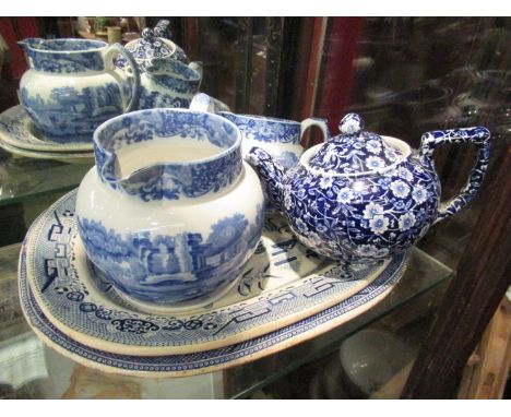 Two blue and white Spode jugs, teapot plus two meat plates (5)