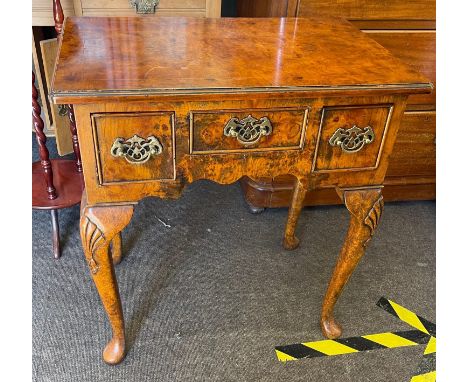 Vintage burr walnut low boy / hall table, approximate measurements: Height: 28.5 inches, Width 27 inches, Depth 17.5 inches 