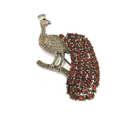 Vintage silver marcasite and garnet stone set pheasant brooch measures approx 7.5cm by 4cm 