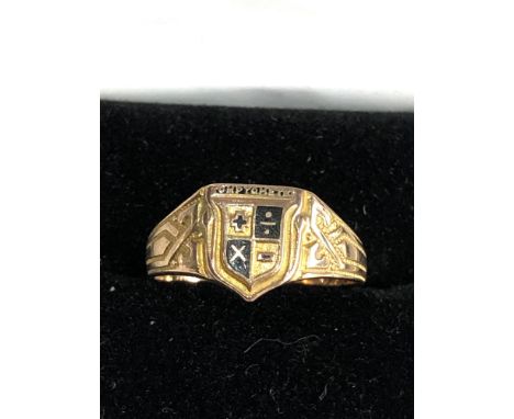 9ct gold antique enamel crest signet ring weight 3.1g 