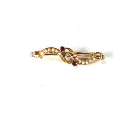 15ct gold 1896 diamond, ruby &amp; seed pearl bar brooch weight 4.3g 