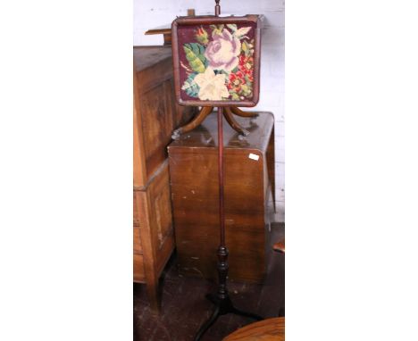 A Victorian pole screen with embodied panel (damage to frame), shipping unavailable 