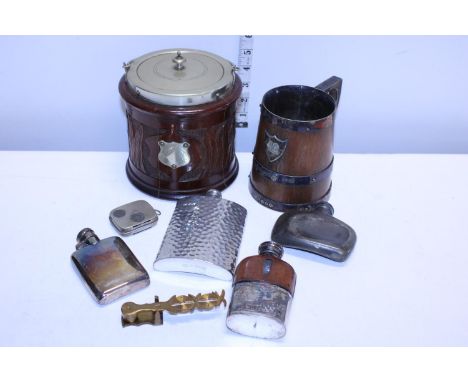 A job lot of assorted collectables including hip flasks and sovereign scales 