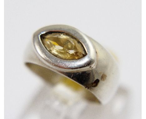 Sterling silver yellow marquise cut solitaire ring, size O