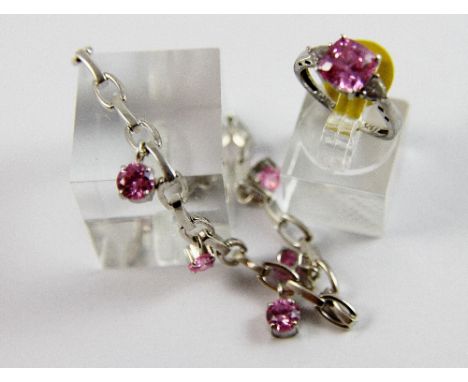 Sterling silver pink stone bracelet by Fossil with sterling silver pink stone ring